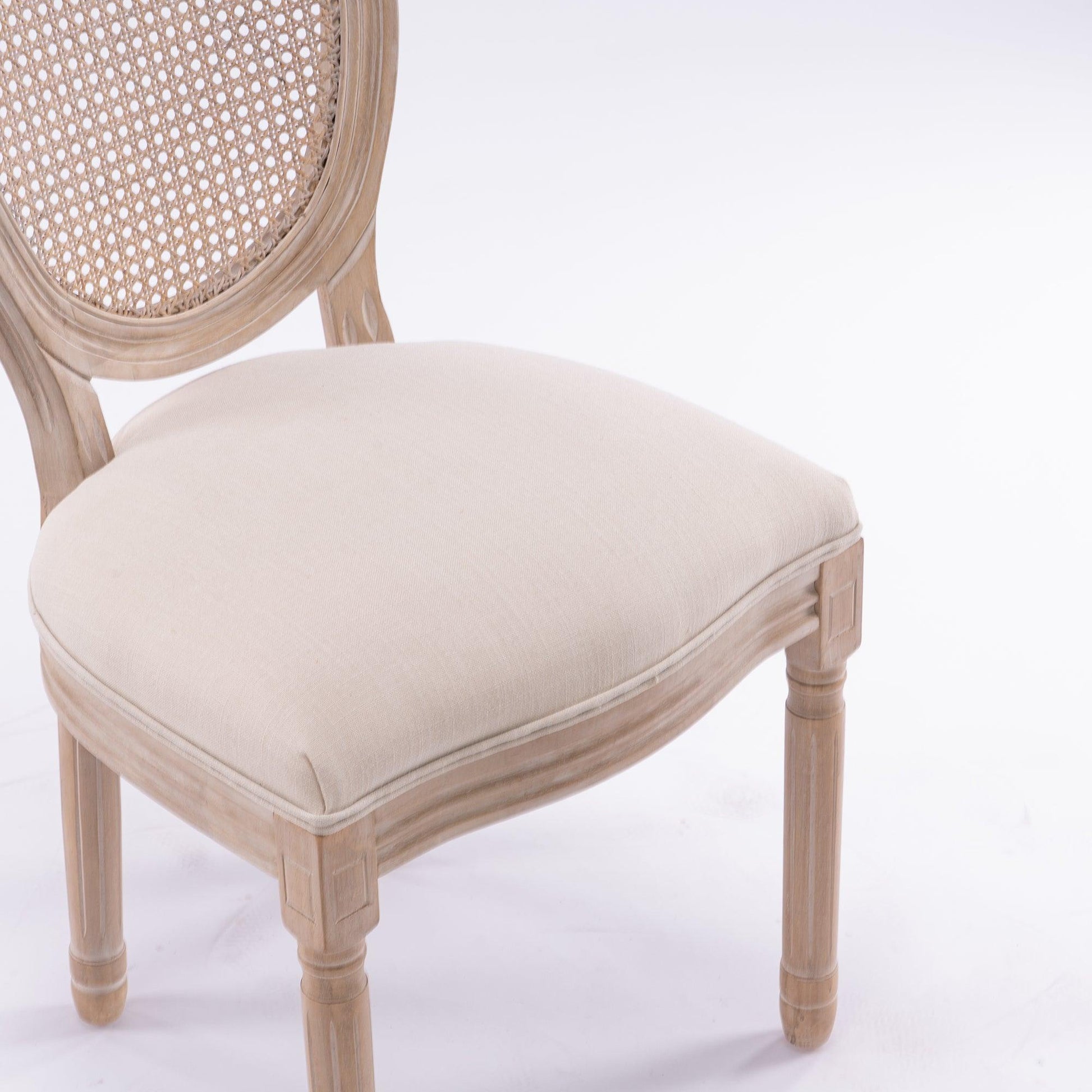 French Style Solid Wood Frame Antique Painting Linen Fabric Rattan Back Dining Chair Set of 2 Cream - FurniFindUSA