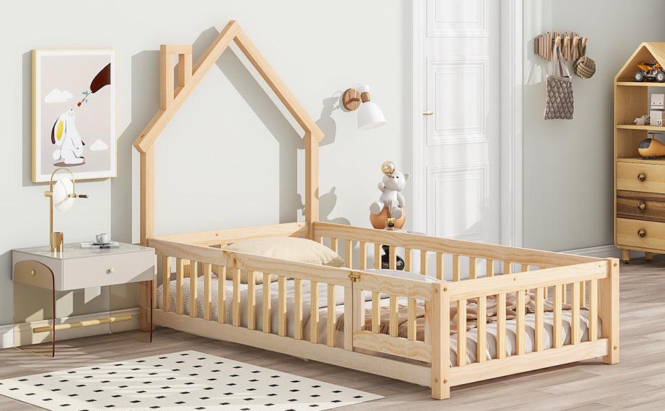 Twin House-Shaped Headboard Floor Bed with Fence Natural - FurniFindUSA