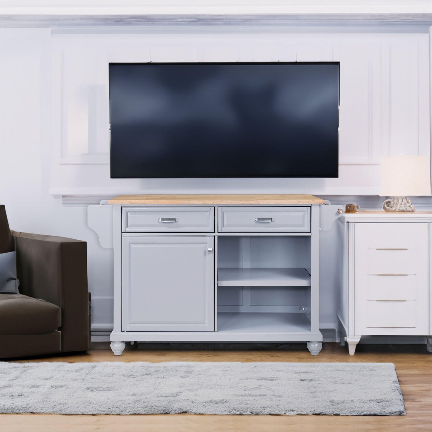 Cambridge Natural Wood Top Kitchen Island with Storage Gray + Solid Wood+MDF - FurniFindUSA