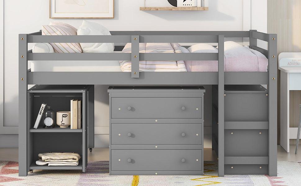 Low Study Full Loft Bed with Cabinet Shelves and Rolling Portable Desk Multiple Functions Bed- Gray - FurniFindUSA