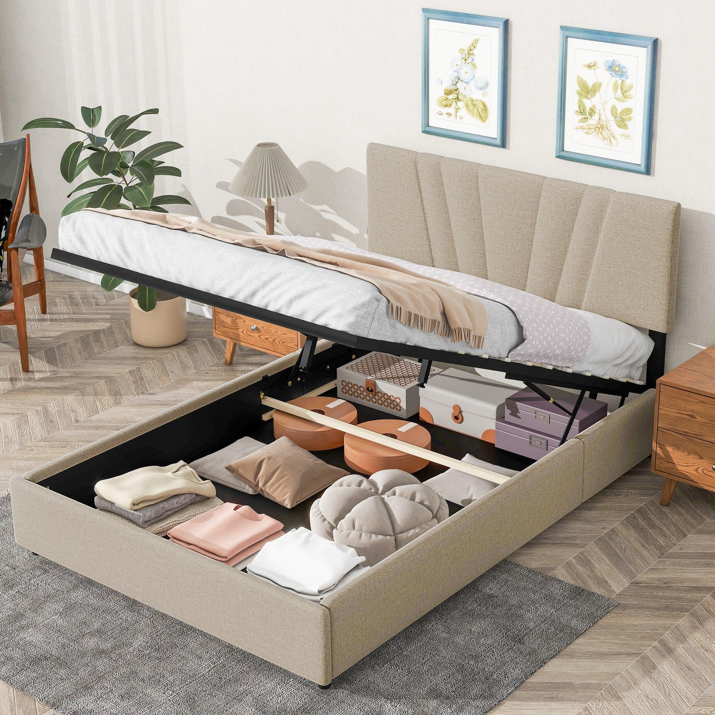 Full Upholstered Platform Bed with Lifting Storage Full Size Bed Frame with Storage and Tufted Headboard - FurniFindUSA