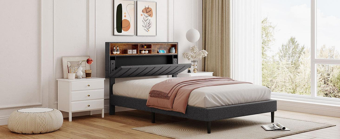 Full size Upholstered Platform Bed with Storage Headboard and USB Port Linen Fabric Upholstered Bed (Gray) - FurniFindUSA