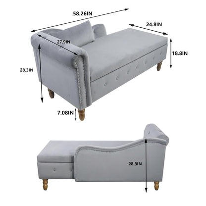 Velvet indoor chaise lounge with nailhead trim, storage and pillows, can be used in living room, bedroom, den - FurniFindUSA