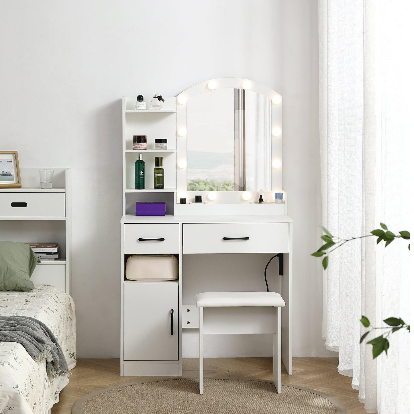 Vanity desk set including table with large lighted mirror 3 color lighting modes adjustable brightness white color - FurniFindUSA