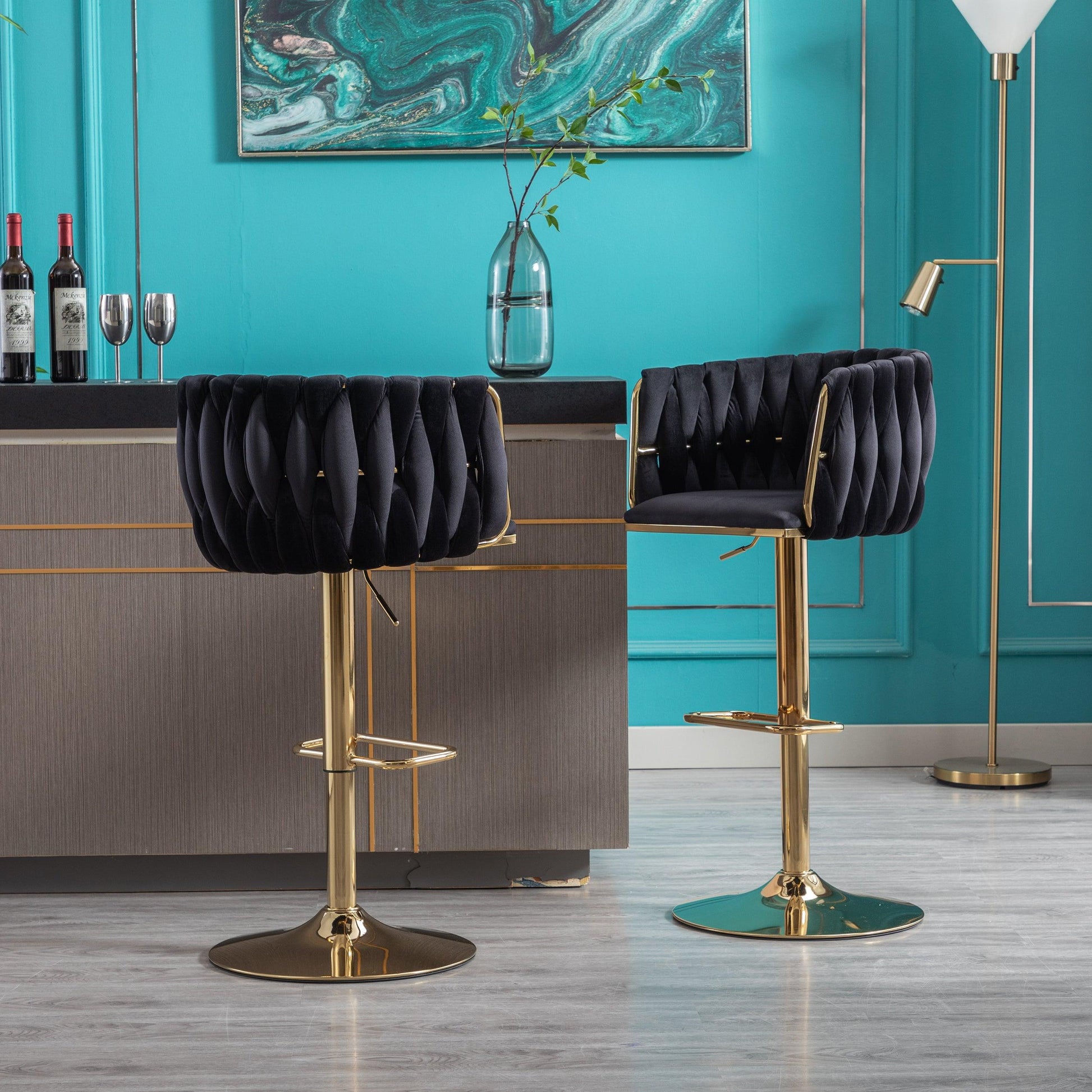 Set of 2 Bar Stools with Chrome Footrest and Base Swivel Height Velvet + Golden Leg Simple Bar Stool-Black - FurniFindUSA