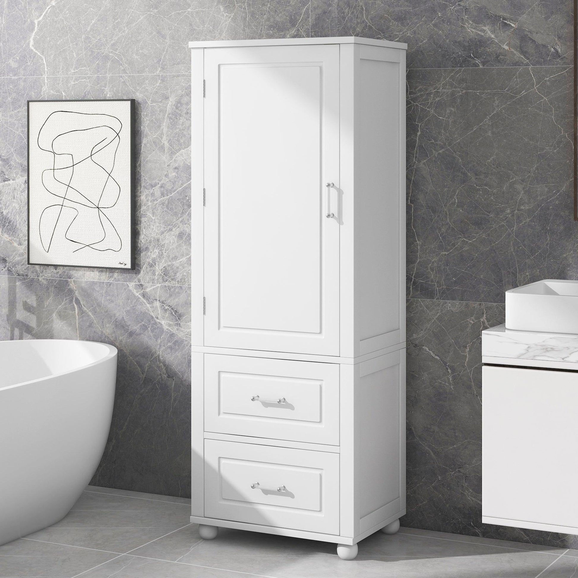 Tall bathroom storage cabinet with two drawers and adjustable shelves for independent storage - FurniFindUSA