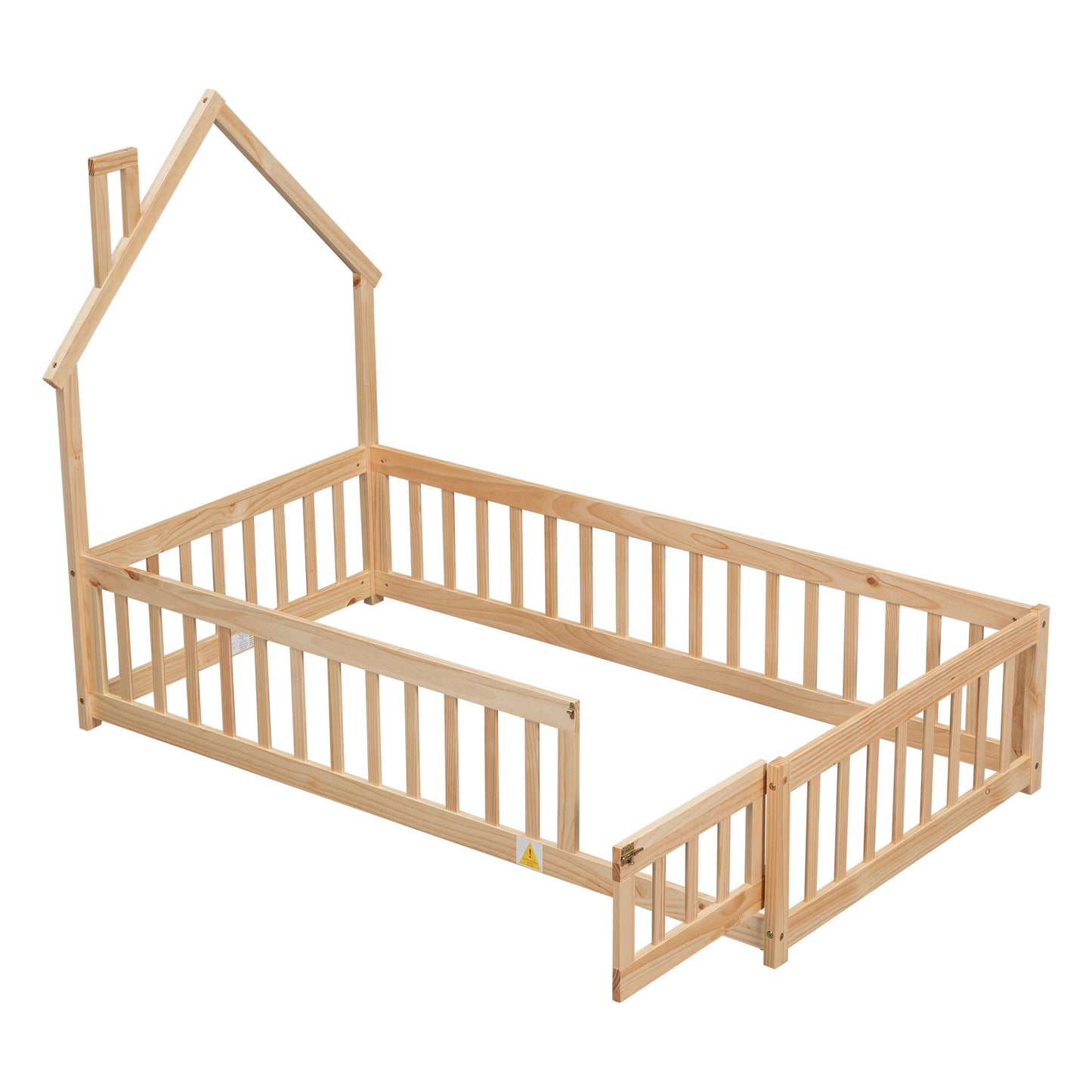 Twin House-Shaped Headboard Floor Bed with Fence Natural - FurniFindUSA