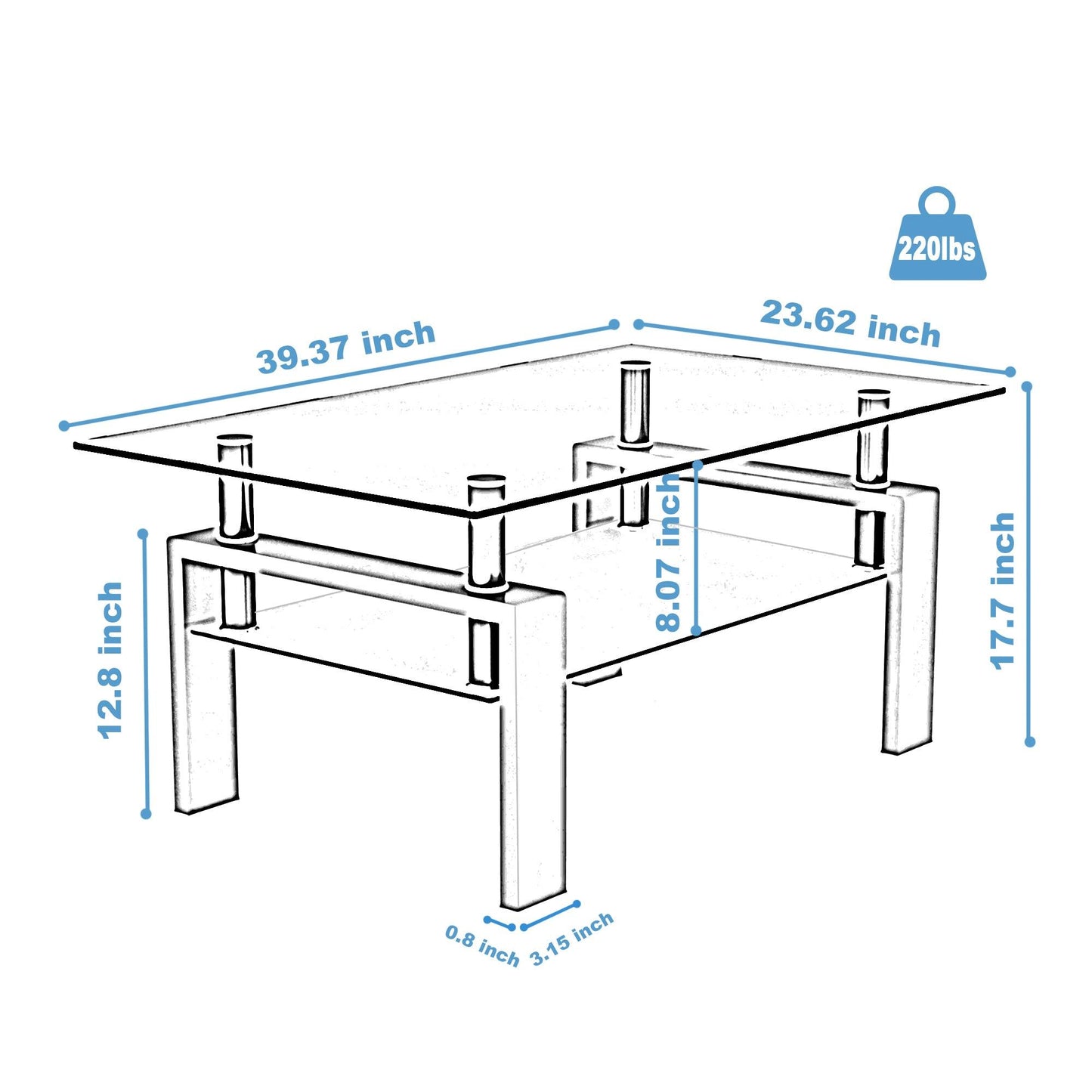 Rectangle Black Glass Coffee Table Clear Coffee Table Modern Side Center Tables for Living Room Living Room Furniture - FurniFindUSA