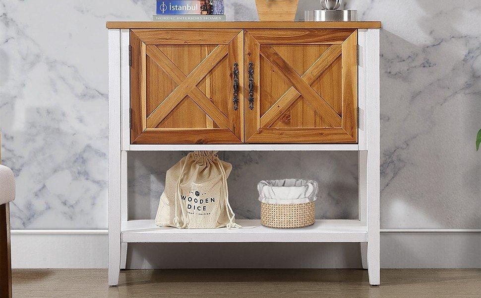 35''Farmhouse Wood Buffet Sideboard Console Table (Antique White + Natural Acacia Top & Door) - FurniFindUSA