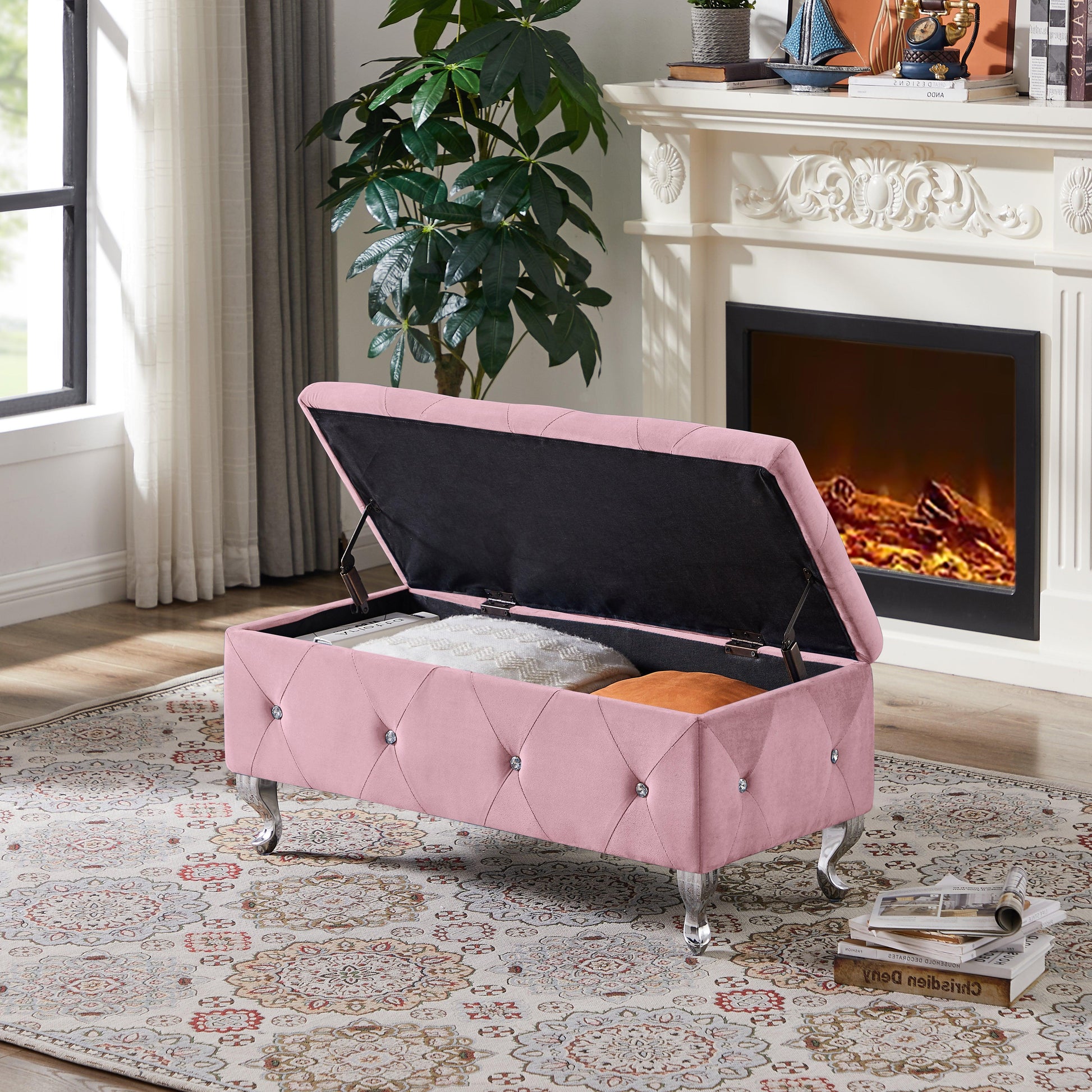 Storage Bench Flip Top Entryway Bench Seat with Safety Hinge Storage Chest with Padded Seat Pink Velet - FurniFindUSA