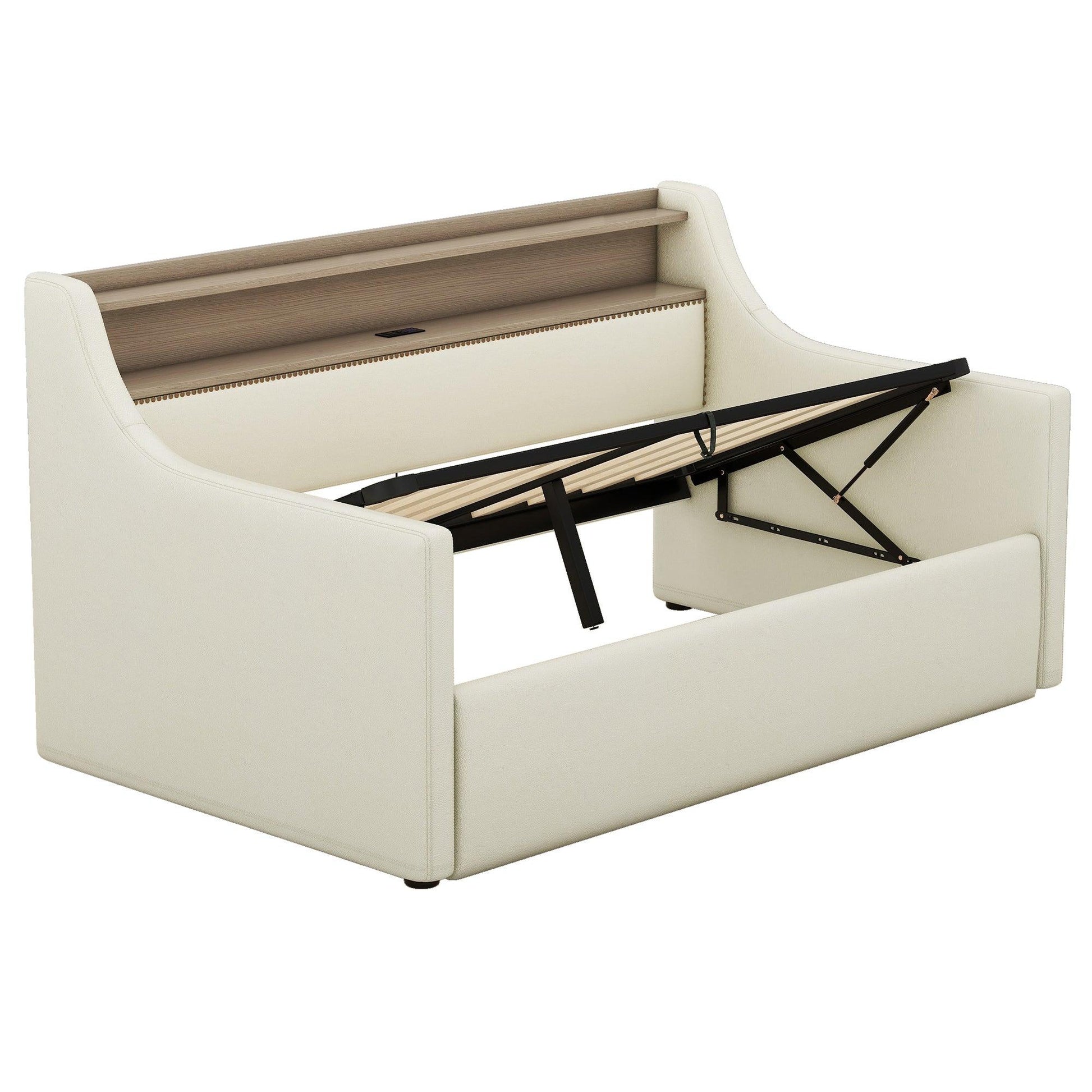 Twin Size Daybed with Hydraulic Storage Upholstered Daybed with Lift Up Storage Beige - FurniFindUSA