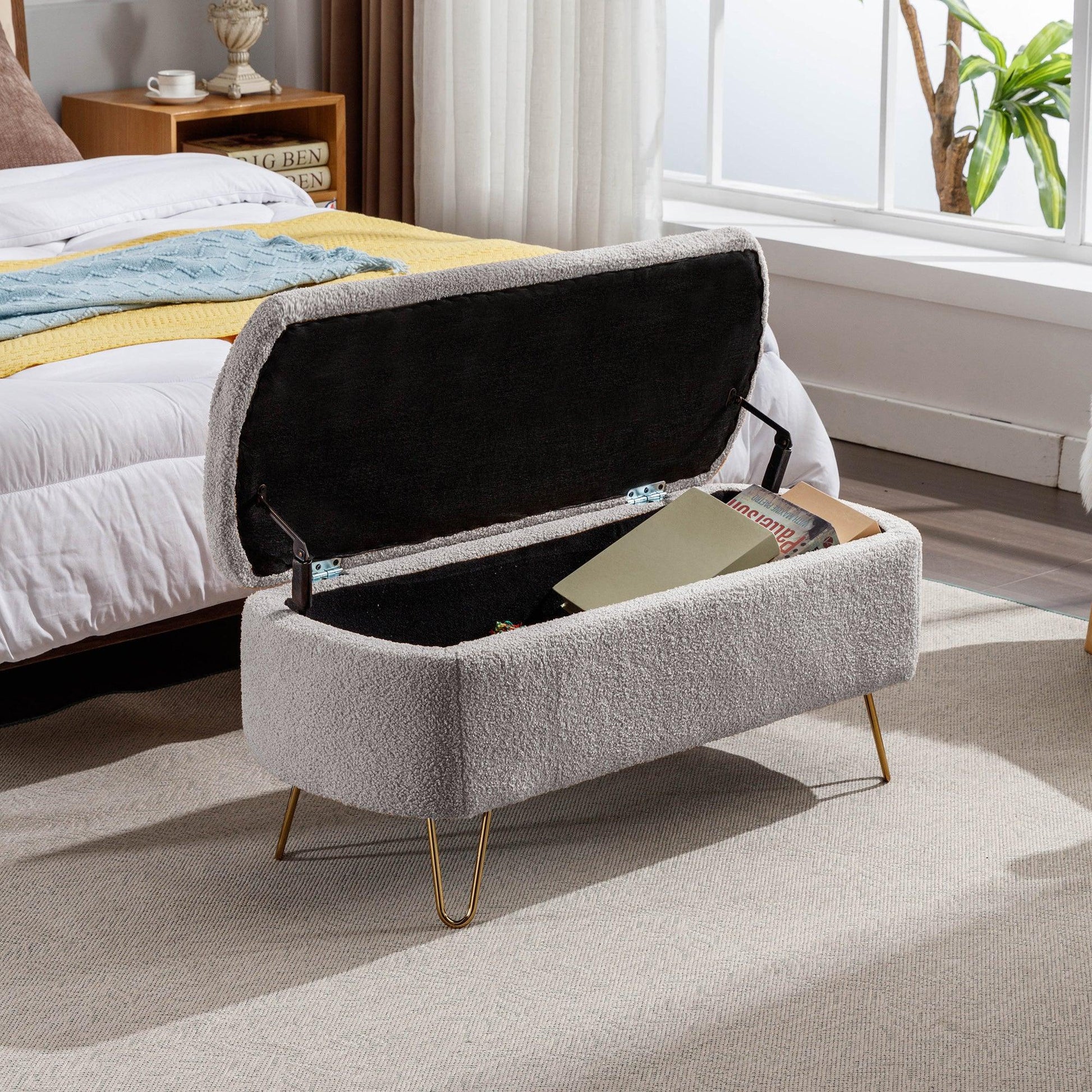 Grey Storage Ottoman Bench for End of Bed Gold Legs Modern Grey Faux Fur Entryway Bench - FurniFindUSA