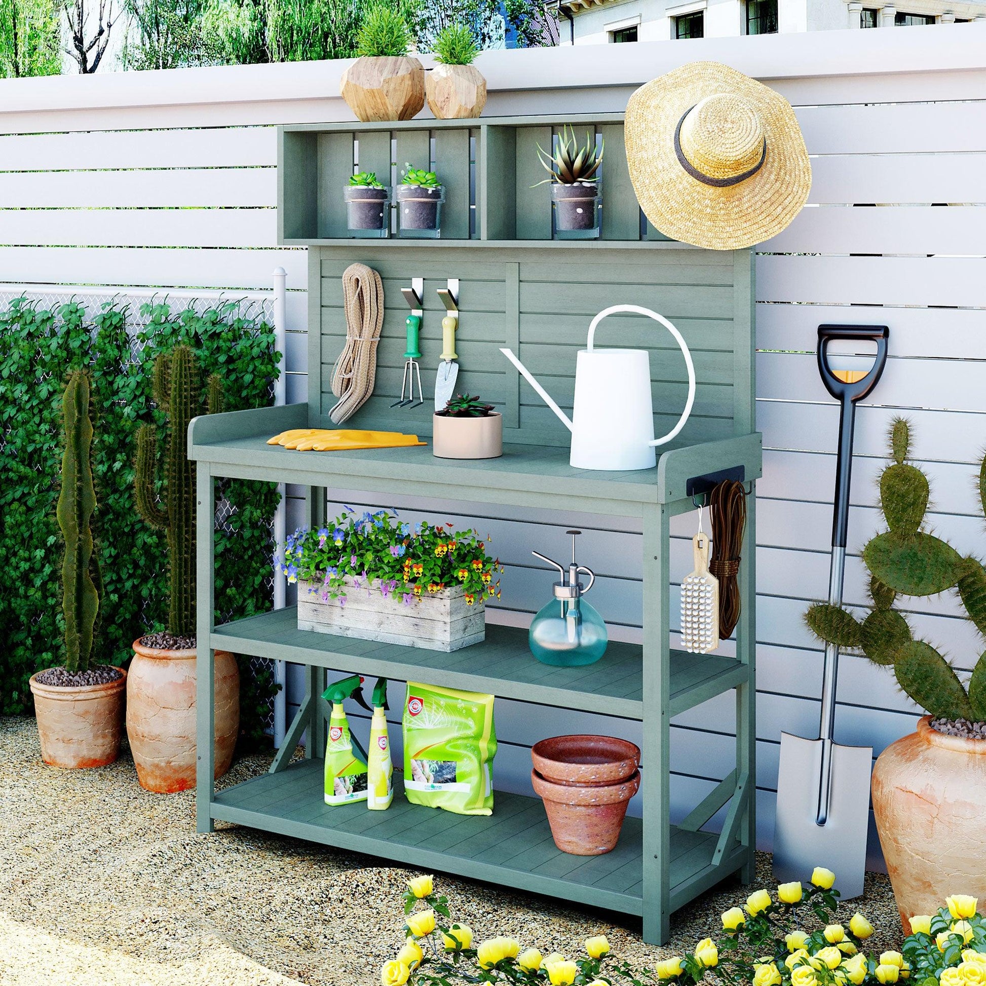 65" Large Wooden Farmhouse Rustic Outdoor Potting Bench Table, Garden Potting Bench with 4 Storage Shelves and Side Hook,Green - FurniFindUSA