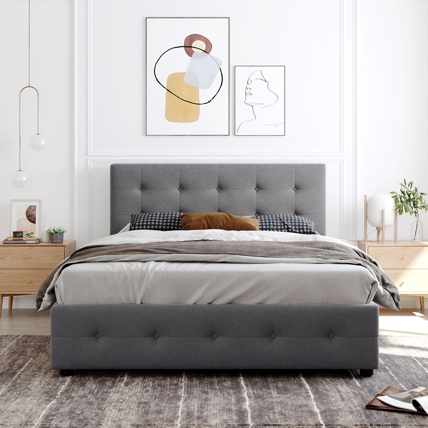 Upholstered Platform Bed with Classic Headboard and 4 Drawers No Box Spring Needed Linen Fabric Queen Size Light Gray - FurniFindUSA