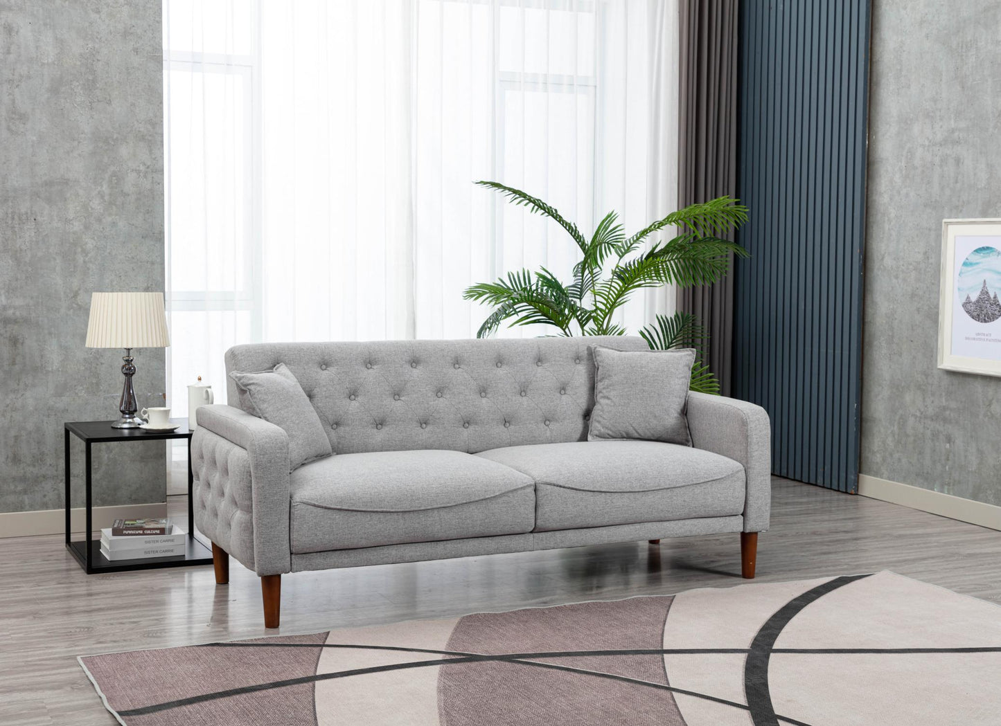 New Design Muitifunction Furniture Linen Sofa 2 Pillows Living Room Gray Loveseat with Button Tufting Easy to Clean