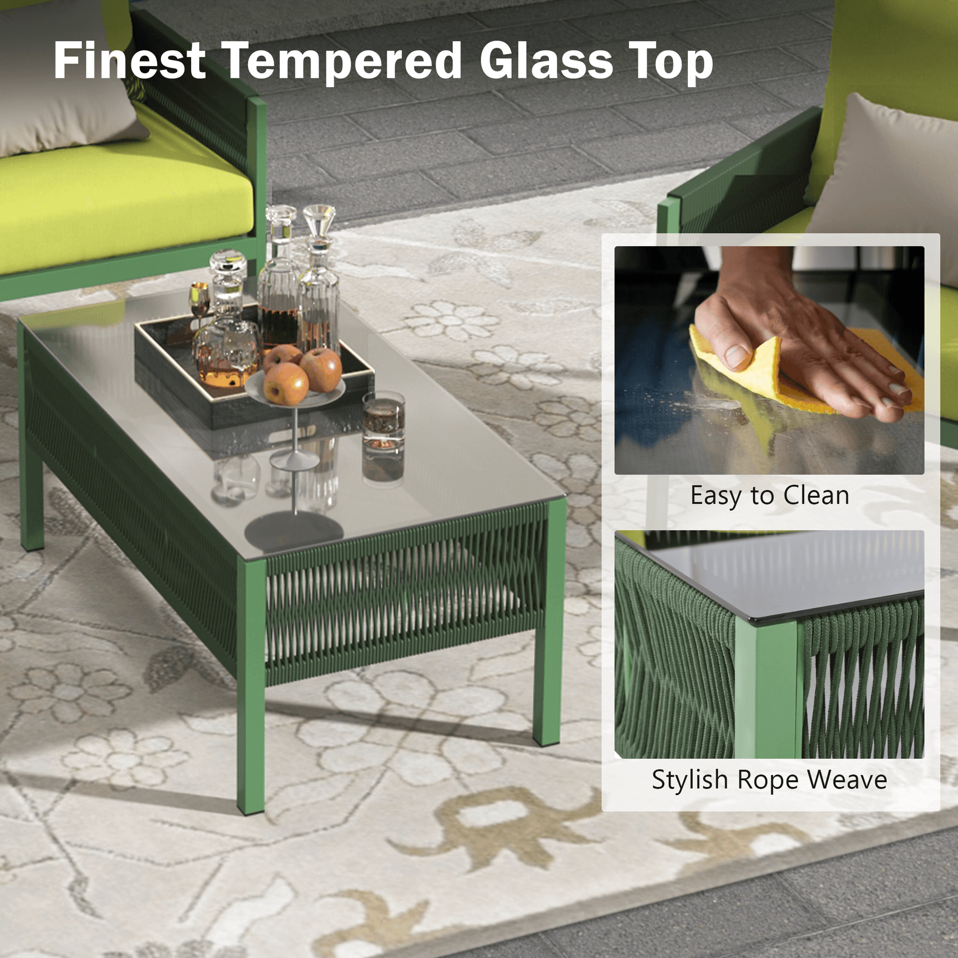 Outdoor Furniture with Tempered Glass Table, Set Deep Seating with Thick Cushion (Fluorescent Yellow & Green) - FurniFindUSA