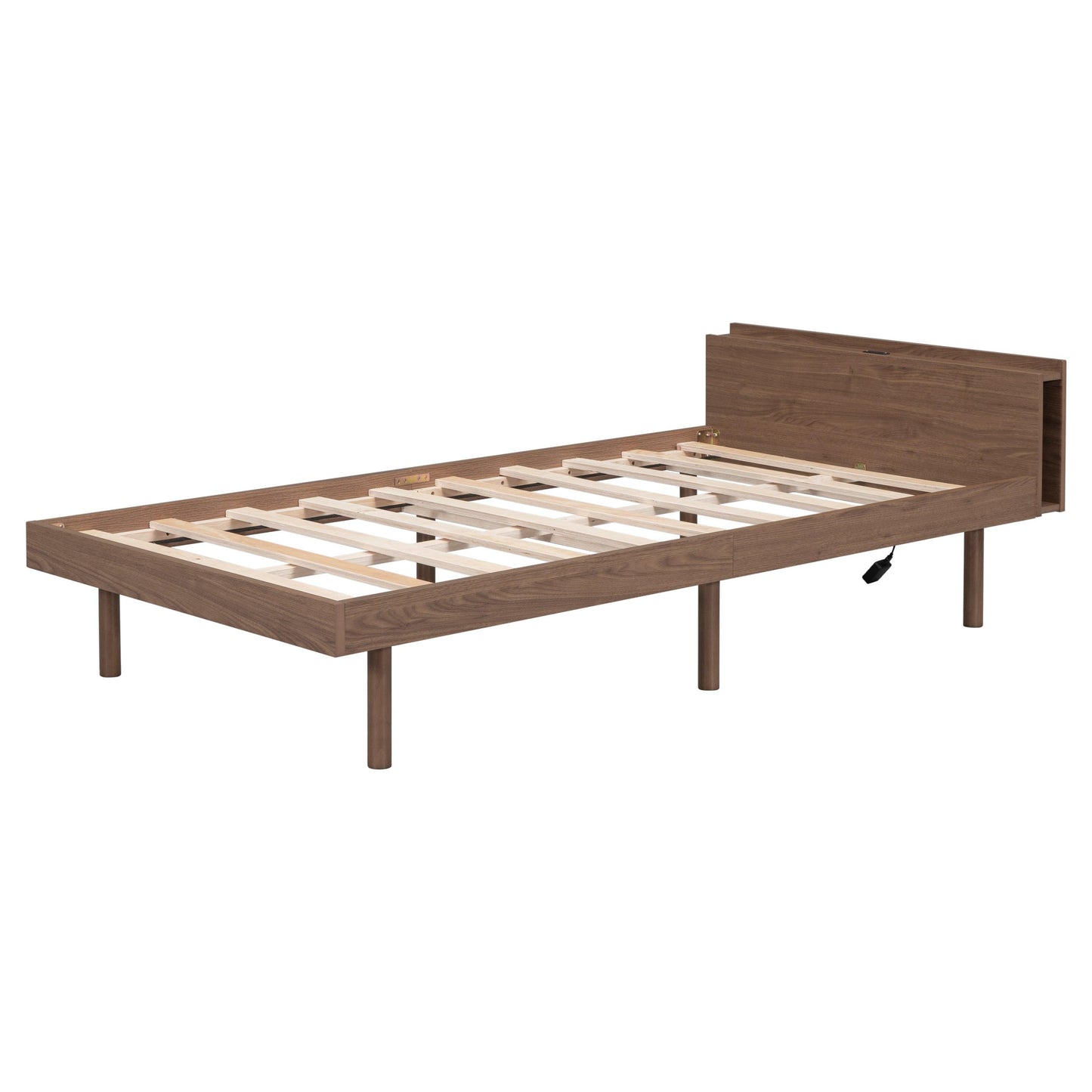 Modern Design Twin Size Platform Bed Frame with Built-in USB port for Walnut Color - FurniFindUSA