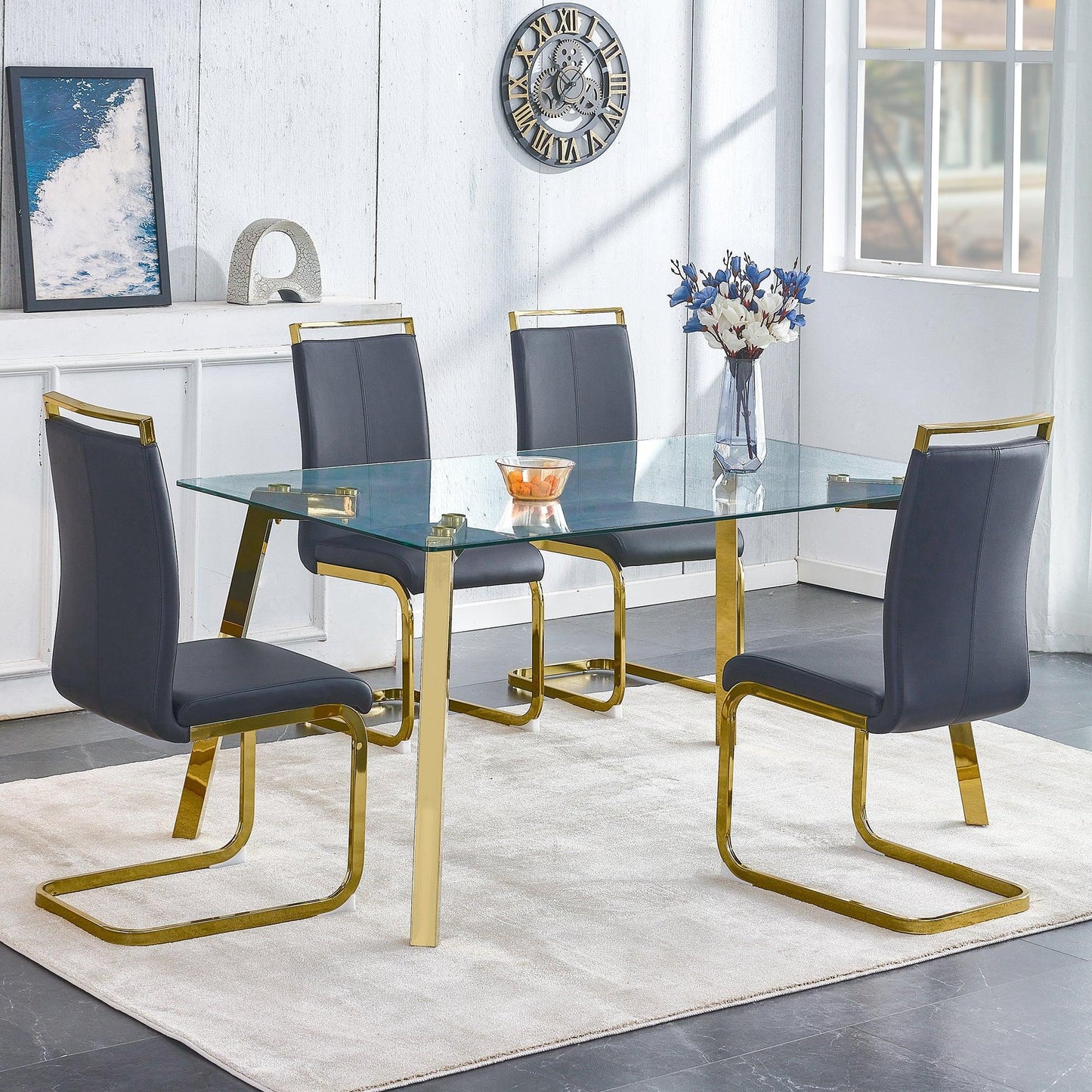 Modern minimalist style rectangular glass dining table with tempered glass tabletop and golden metal legs - FurniFindUSA