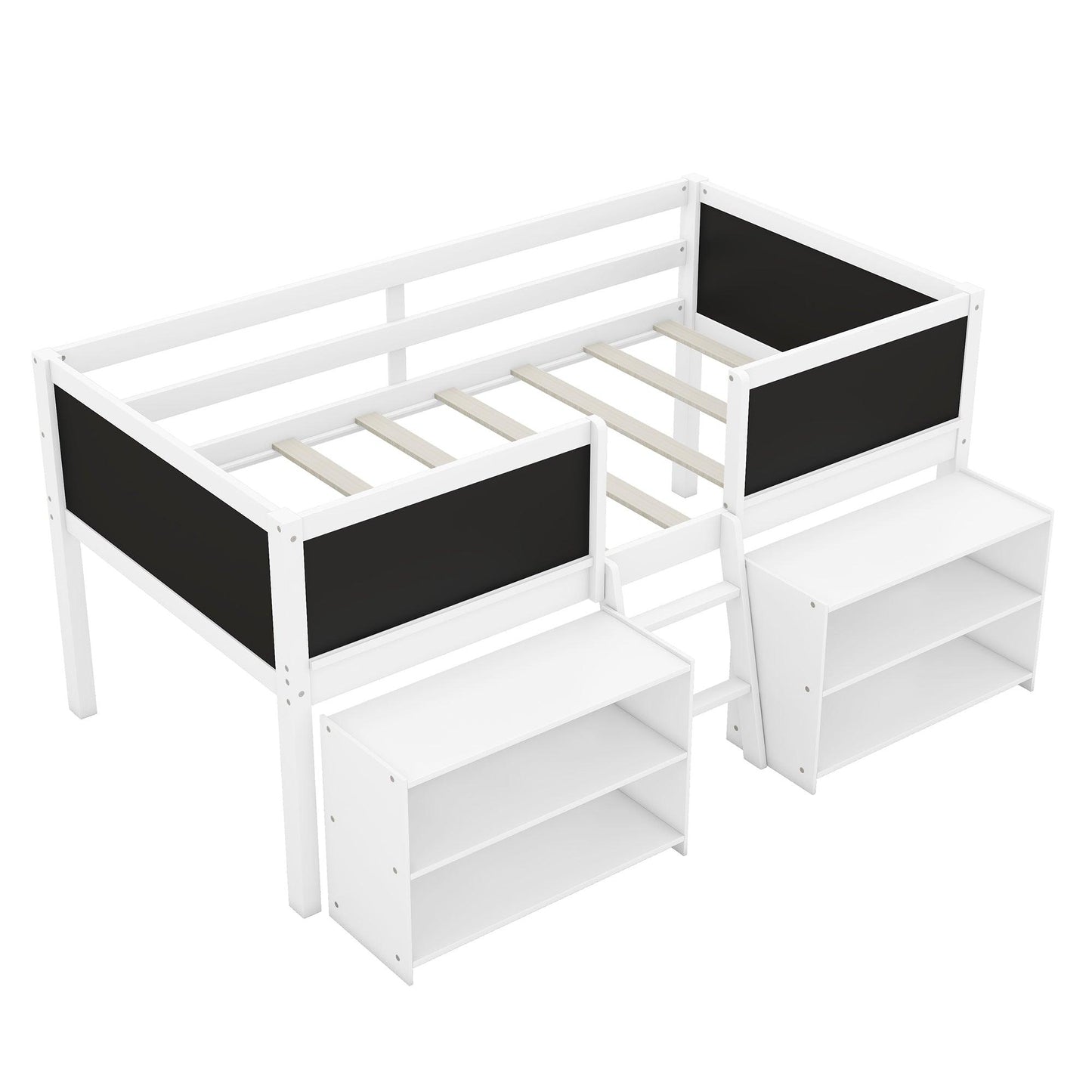 Twin Size Low Loft Bed with Two Movable Shelves and Ladder,with Decorative Guardrail Chalkboard,White - FurniFindUSA