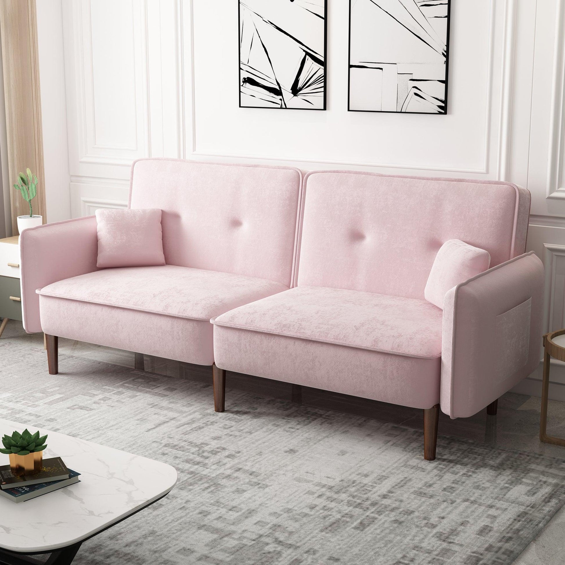 Convertible Sofa Bed with Wood Legs in Velvet(Pink) - FurniFindUSA