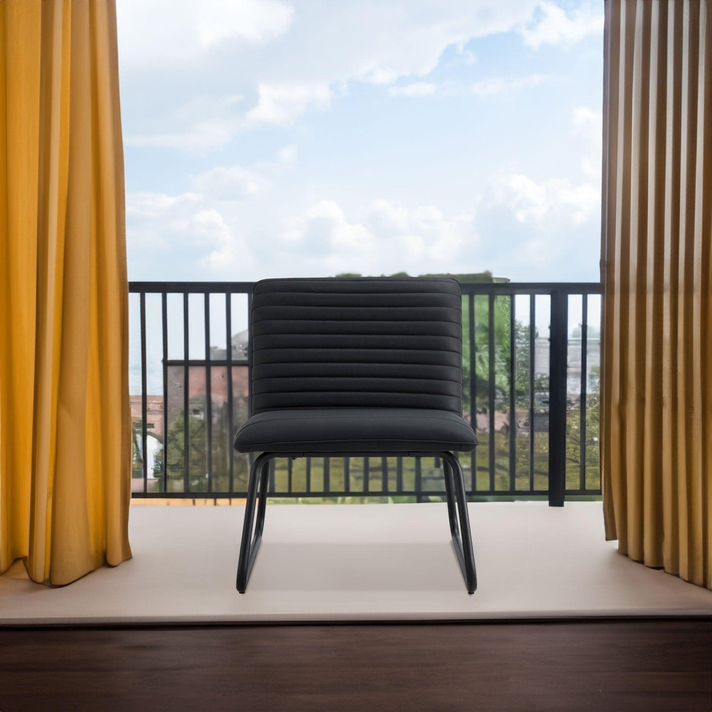 Black minimalist armless sofa chair with PU backrest paired with black metal legs - FurniFindUSA