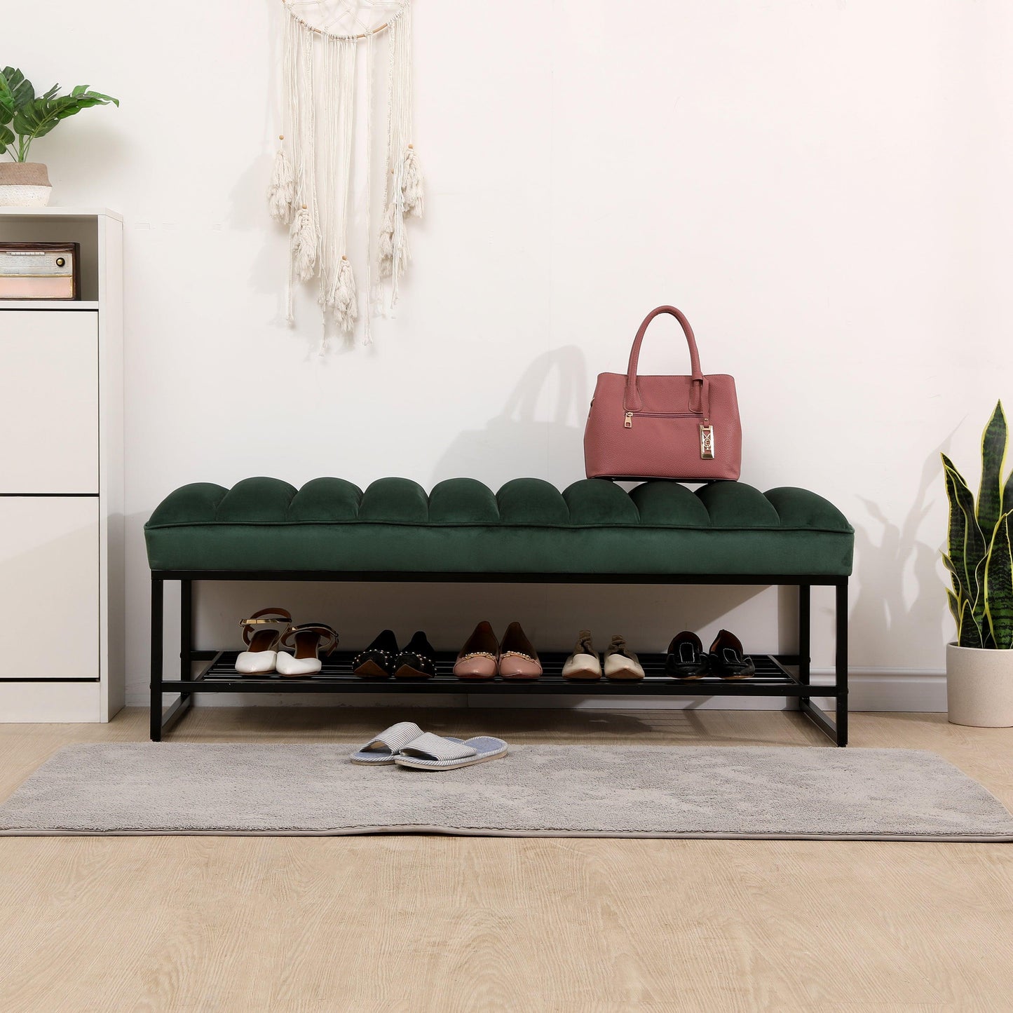 Green Velvet Channel Tufted Ottoman Bench Accent Upholstered Bendroom End of Bed Bench with Storage Shelf (Green) - FurniFindUSA