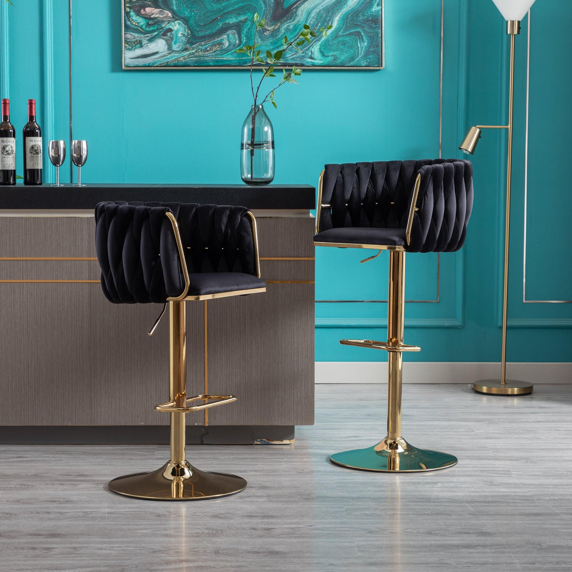 Set of 2 Bar Stools with Chrome Footrest and Base Swivel Height Velvet + Golden Leg Simple Bar Stool-Black - FurniFindUSA