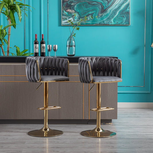 Set of 2 Bar Stools with Chrome Footrest and Base Swivel Height Velvet + Golden Leg Simple Bar Stool-Grey - FurniFindUSA