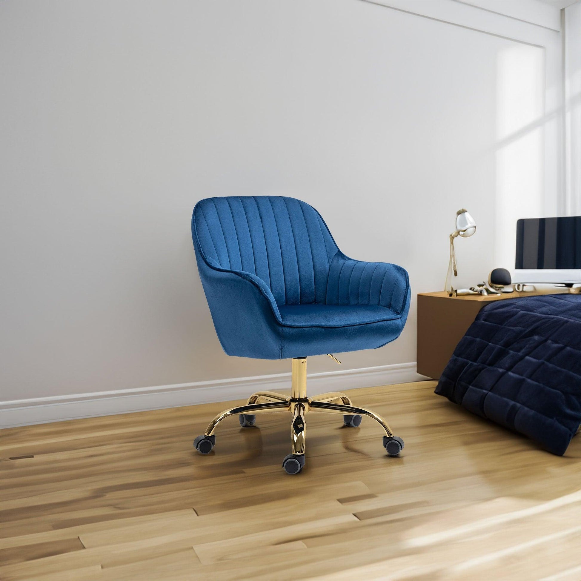 360° Dark Blue Velvet Swivel Chair With High Back Adjustable Working Chair With Golden Color Base - FurniFindUSA