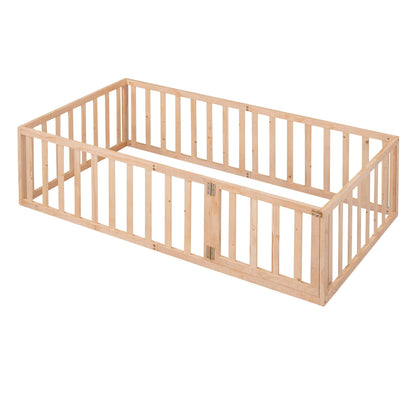 Twin Size Wood Floor Bed Frame with Fence and Door Natural - FurniFindUSA