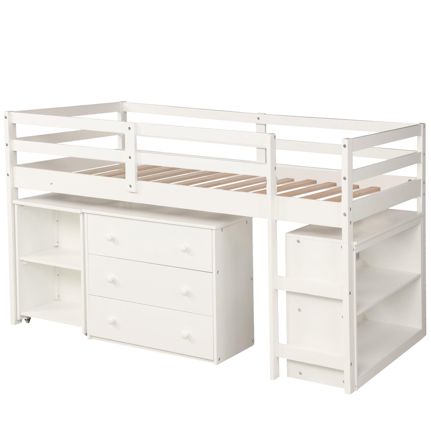 Low Study Twin Loft Bed with Cabinet and Rolling Portable Desk - White - FurniFindUSA