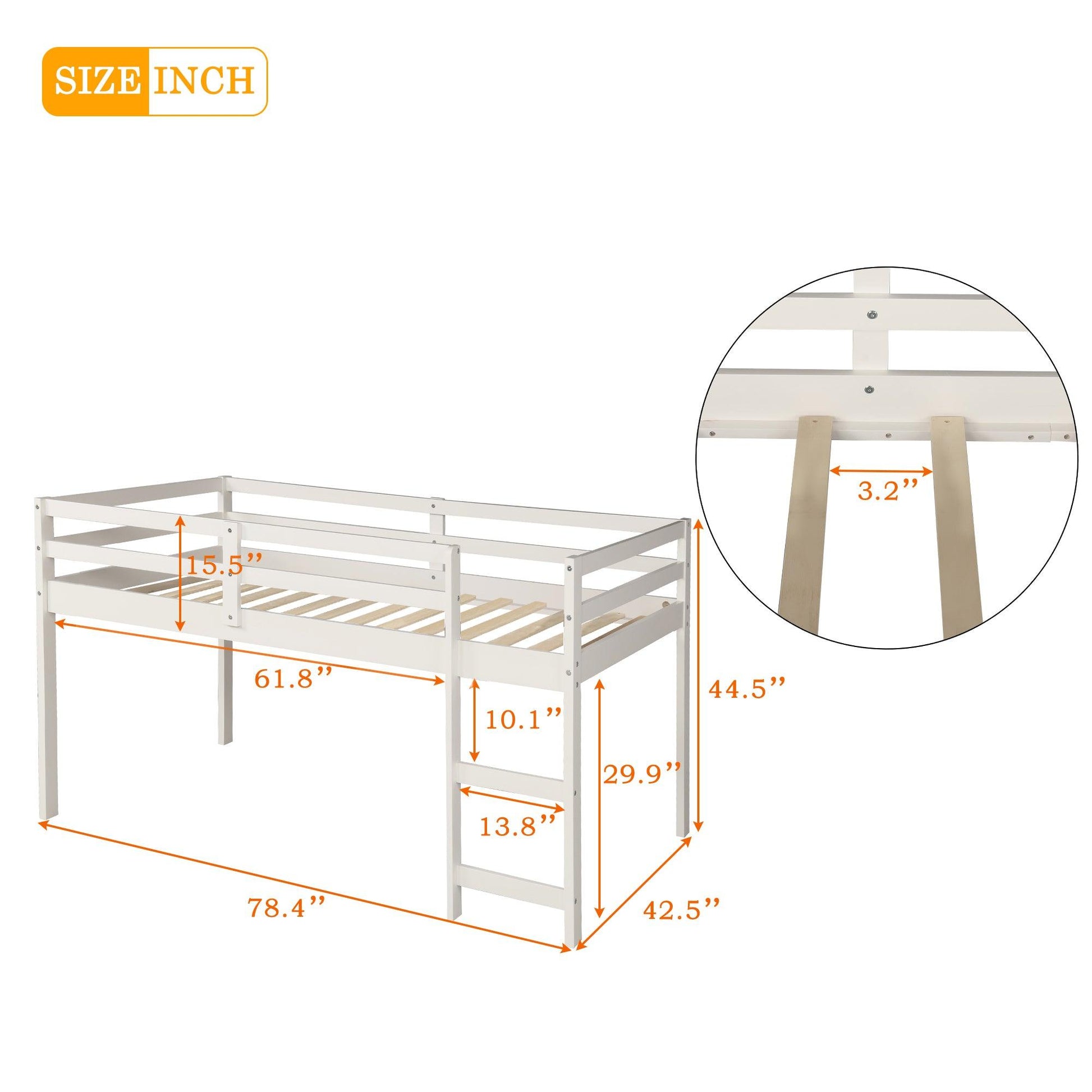 Low Study Twin Loft Bed with Cabinet and Rolling Portable Desk - White - FurniFindUSA