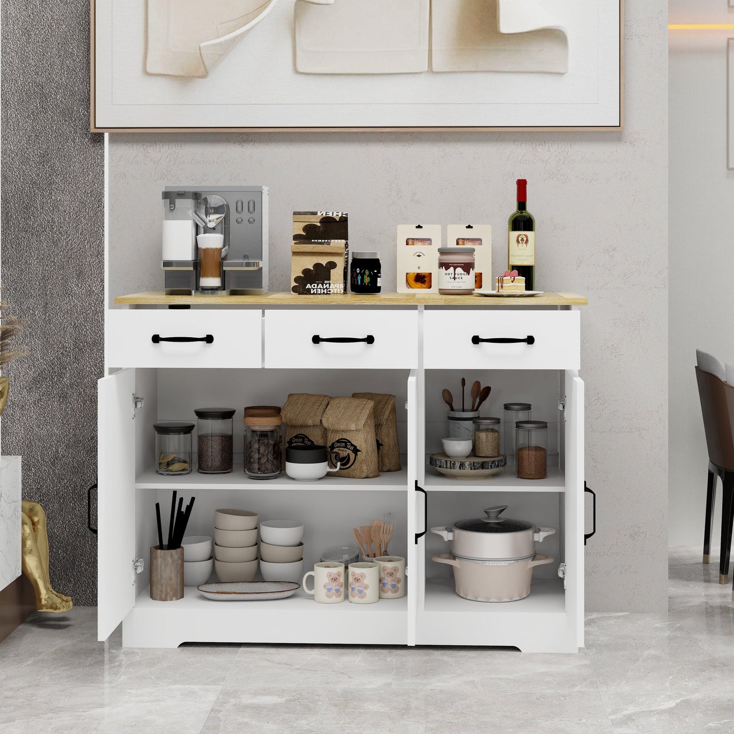 Farmhouse Buffet Cabinet Storage Sideboard with 3 Drawers and 3 Doors for Dining Living Room Kitchen Cupboard-White - FurniFindUSA