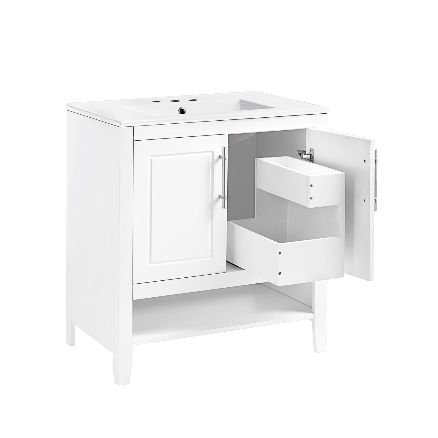 30" Bathroom Vanity with Sink Multi-functional Bathroom Cabinet with Doors and Drawers Solid Frame and MDF Board, White - FurniFindUSA