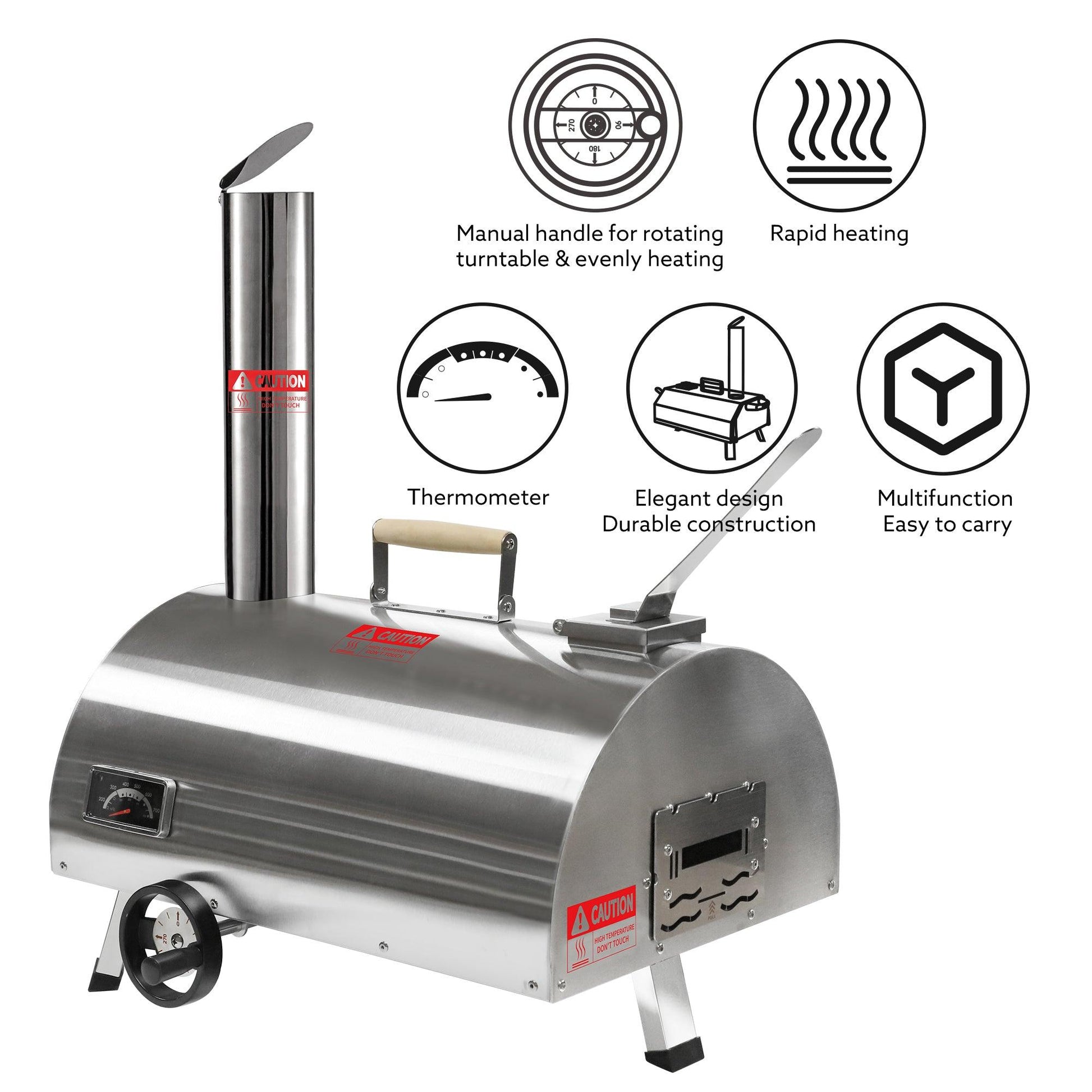 Silver Pizza Oven Outdoor 12" Semi-Automatic Rotatable Pizza Ovens Portable Stainless Steel - FurniFindUSA