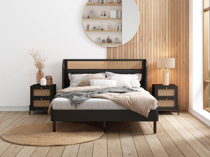 3 Pieces Modern Cannage Rattan Platform Queen Bed + Nightstand*2 Black - FurniFindUSA