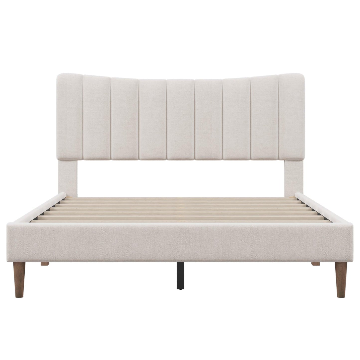 Upholstered Platform Bed Frame with Vertical Channel Tufted Headboard No Box Spring Needed Queen Cream - FurniFindUSA