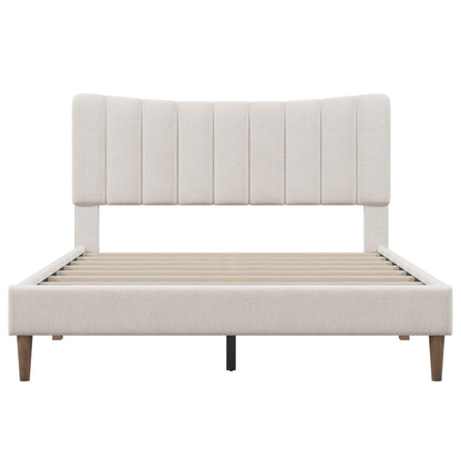 Upholstered Platform Bed Frame with Vertical Channel Tufted Headboard No Box Spring Needed Queen Cream - FurniFindUSA