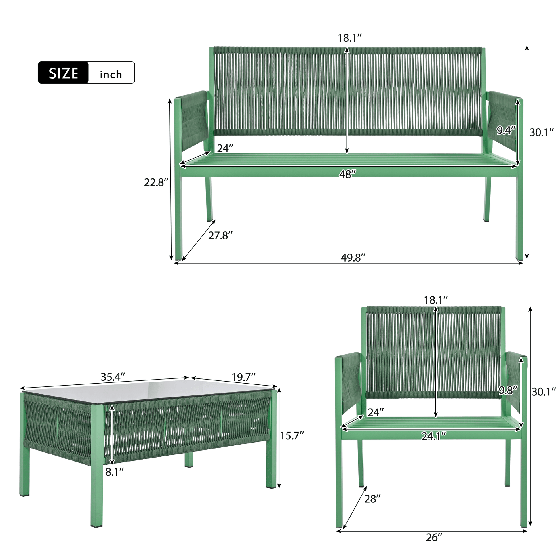 Outdoor Furniture with Tempered Glass Table, Set Deep Seating with Thick Cushion (Fluorescent Yellow & Green) - FurniFindUSA