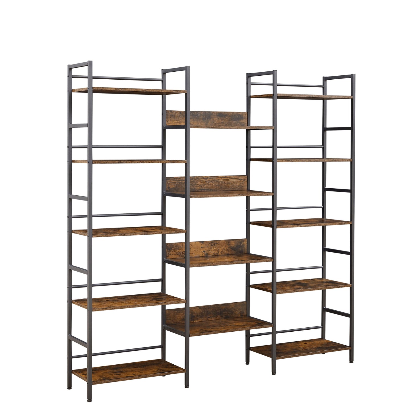 Triple Wide 5-shelf Bookshelves Industrial Retro Wooden Style Home and Office Large Open Bookshelves Rustic Brown - FurniFindUSA