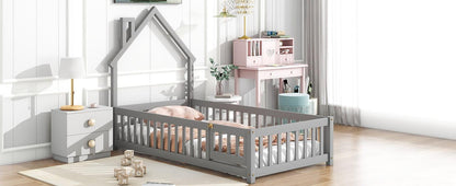 Twin House-Shaped Headboard Floor Bed with Fence Grey - FurniFindUSA