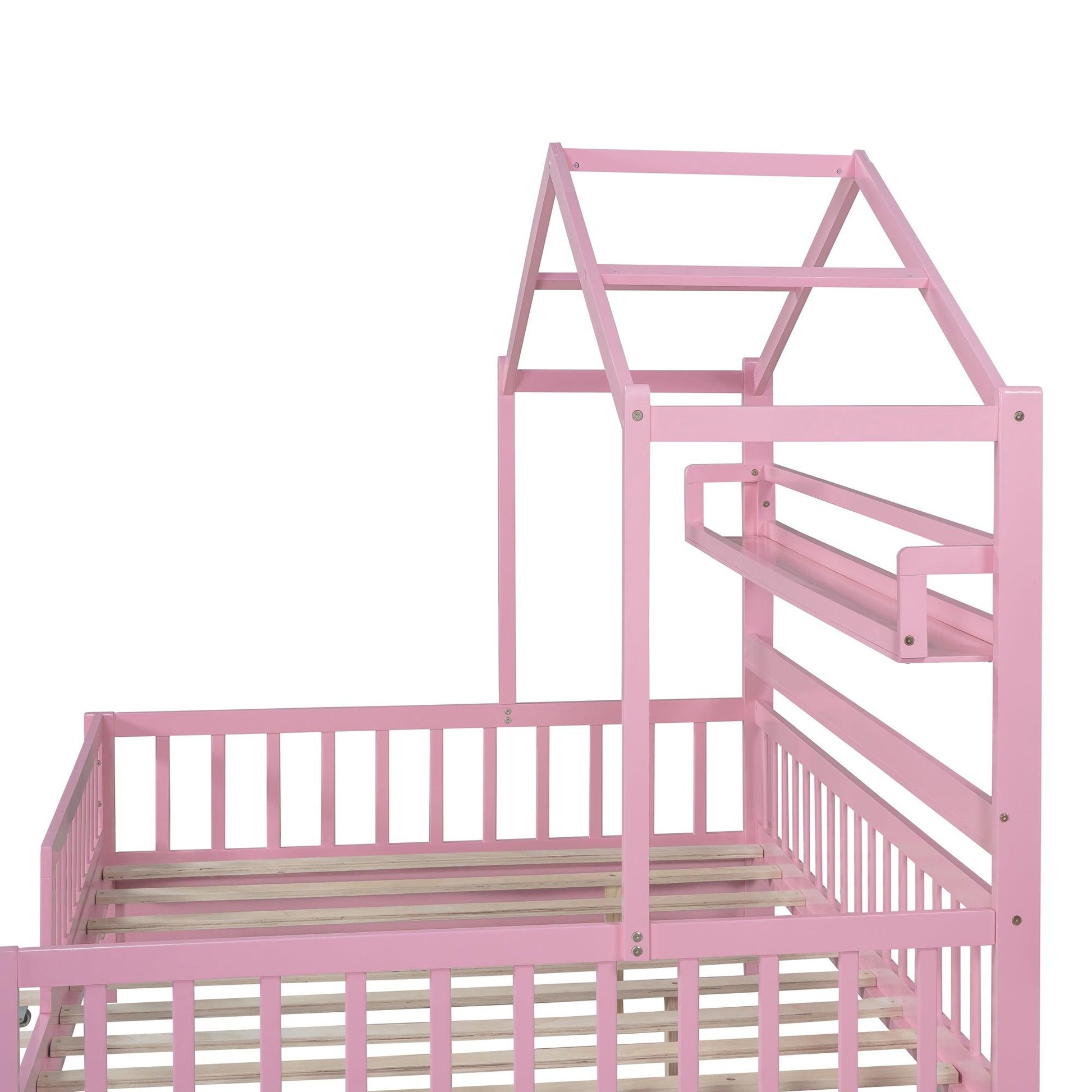 Wooden Full Size House Bed with Twin Size Trundle Kids Bed with Shelf Pink - FurniFindUSA