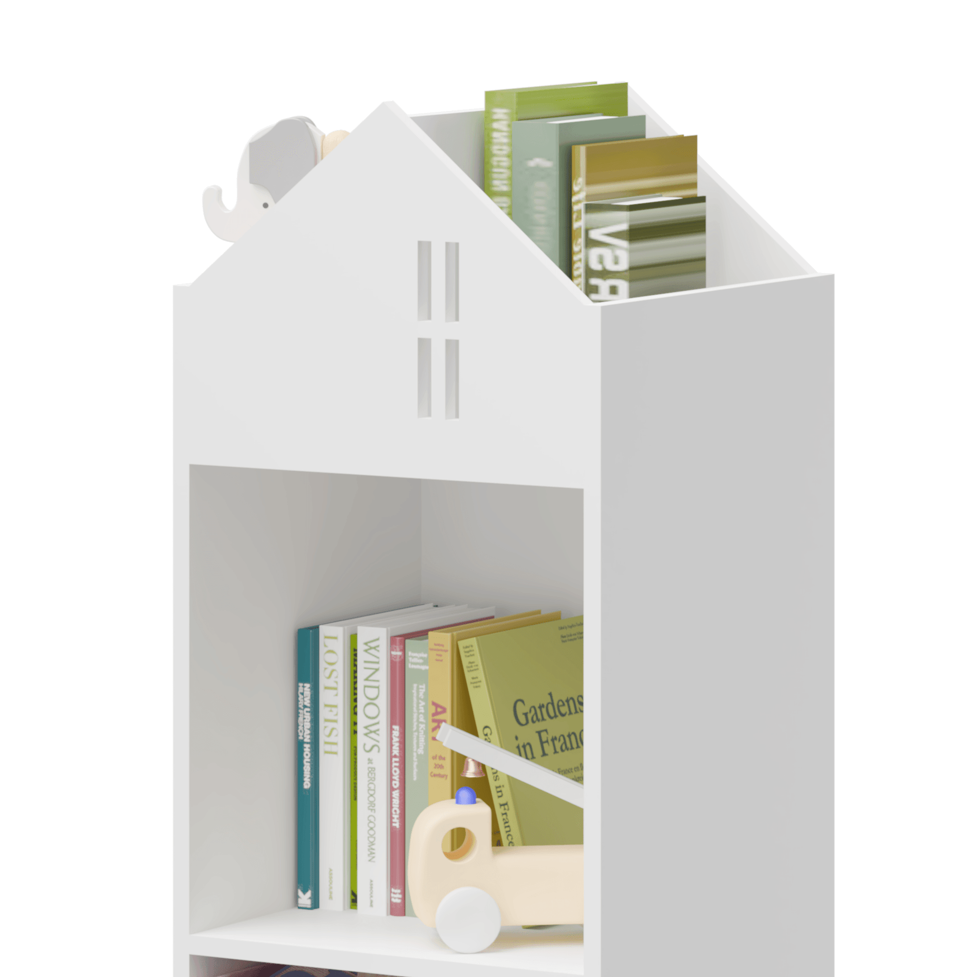 Kids Dollhouse Bookcase with Storage 2-Tier Storage Display Organizer Toddler Bookshelf (White/Gray) - FurniFindUSA