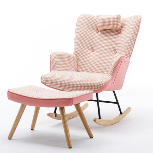 35.5 inch Rocking Chair Soft Houndstooth Fabric Leather Fabric Rocking Chair for Nursery (pink) - FurniFindUSA