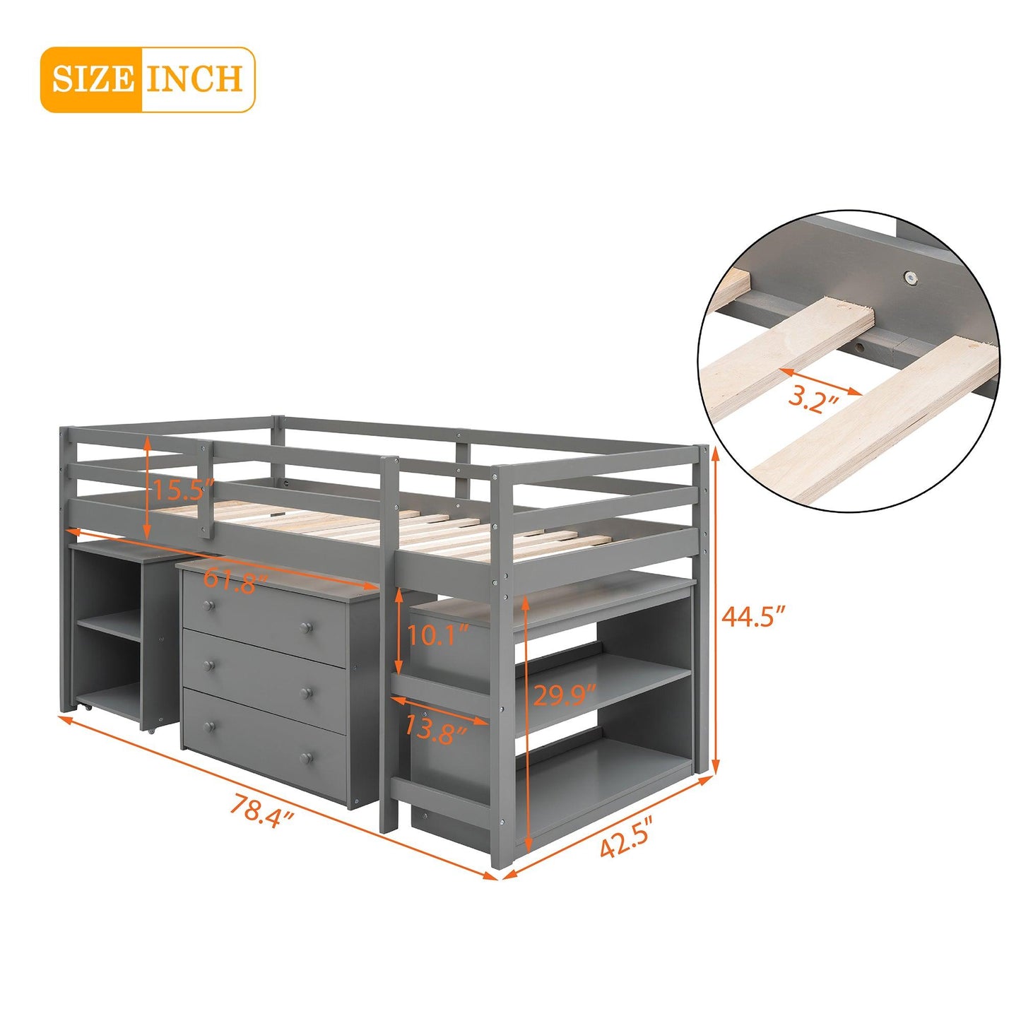 Low Study Twin Loft Bed with Cabinet and Rolling Portable Desk - Gray - FurniFindUSA