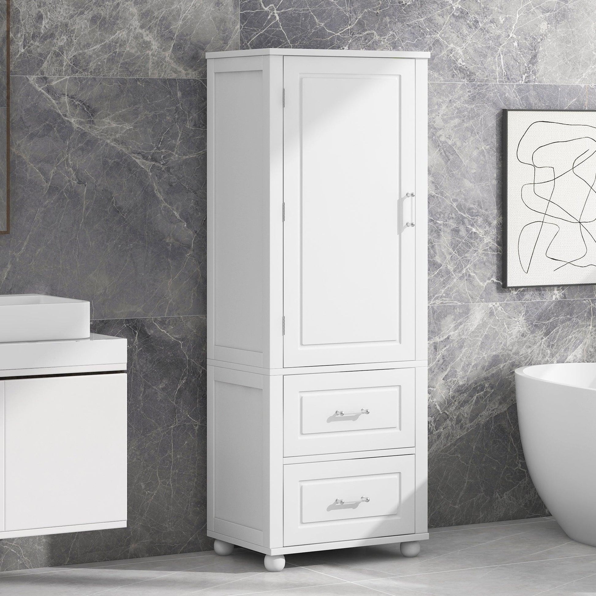 Tall bathroom storage cabinet with two drawers and adjustable shelves for independent storage - FurniFindUSA