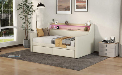 Twin Size Daybed with Storage Drawers Upholstered Daybed with Charging Station and LED Lights Beige - FurniFindUSA