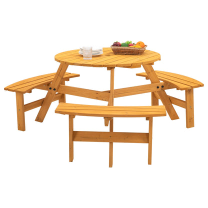 6-Person Circular Outdoor Wooden Picnic Table for Patio, Backyard, Garden, DIY w/ 3 Built-in Benches, 1720lb Capacity - Natural - FurniFindUSA