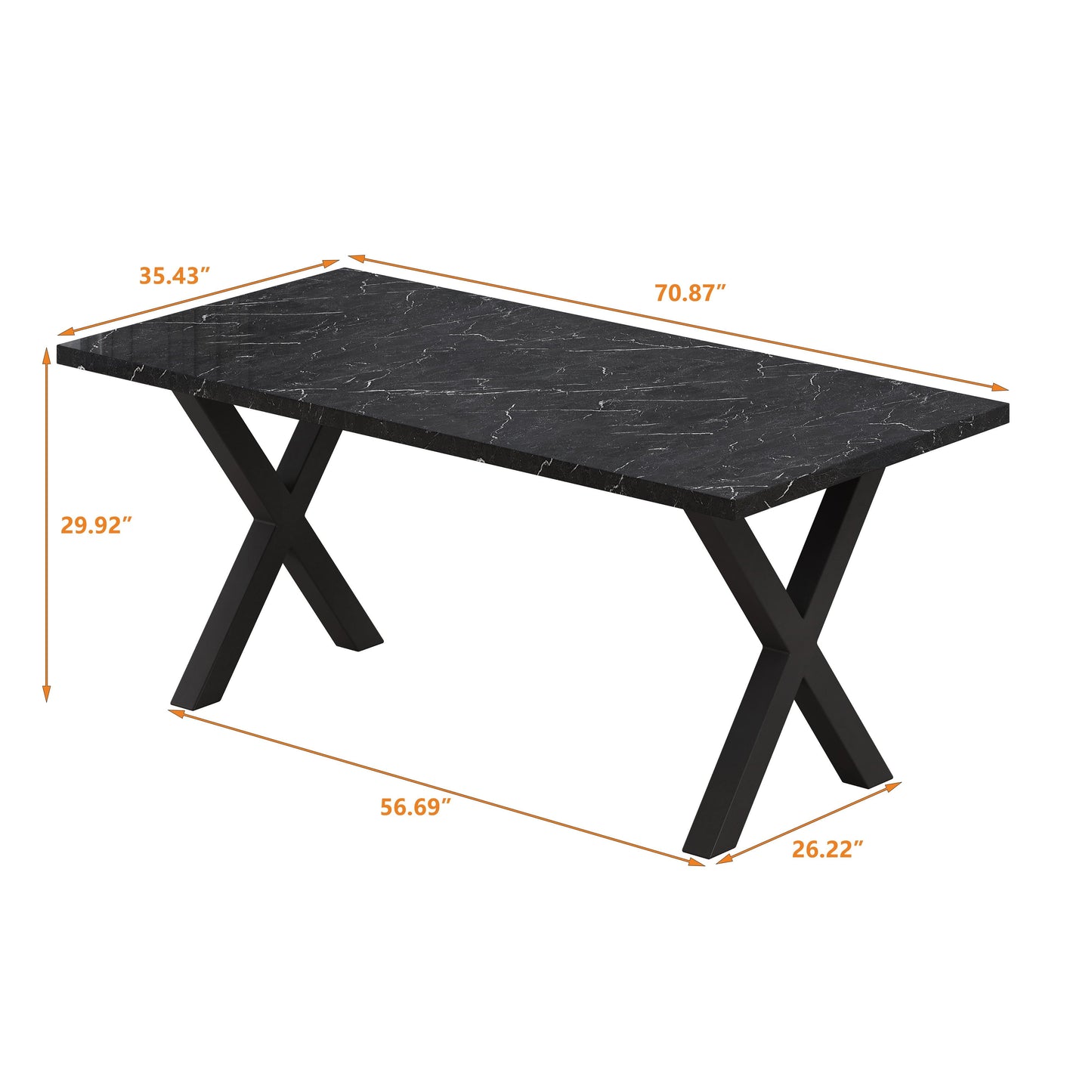 70.87"Modern Square Dining Table with Printed Black Marble Table Top+Black X-Shape Table Leg - FurniFindUSA