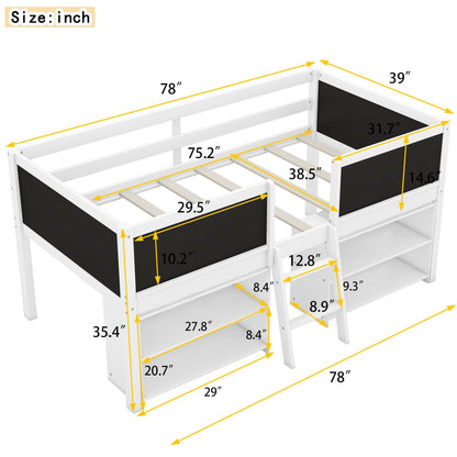 Twin Size Low Loft Bed with Two Movable Shelves and Ladder,with Decorative Guardrail Chalkboard,White - FurniFindUSA